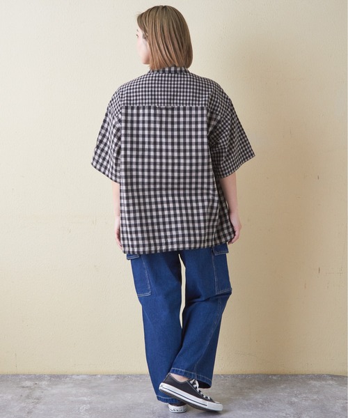 CUBE SUGAR（キューブシュガー）の「ギンガムチェック組合せ裾ドロストシャツ（シャツ/ブラウス・レディース・カーキ/ブラック/ブルー・M）」の18枚目の写真