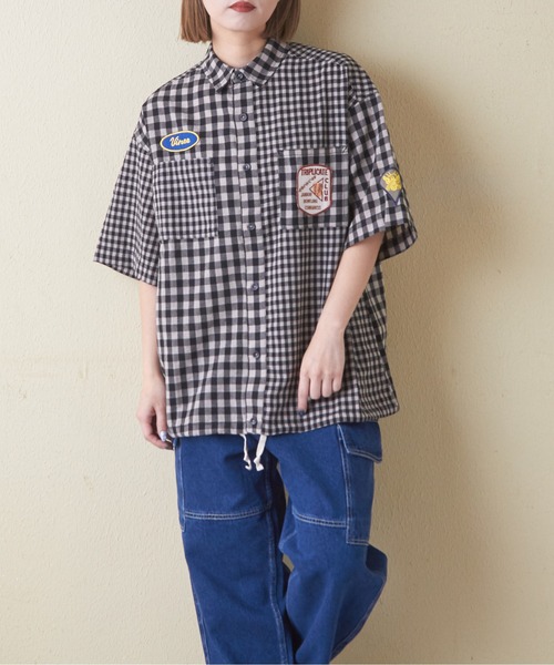 CUBE SUGAR（キューブシュガー）の「ギンガムチェック組合せ裾ドロストシャツ（シャツ/ブラウス・レディース・カーキ/ブラック/ブルー・M）」の15枚目の写真