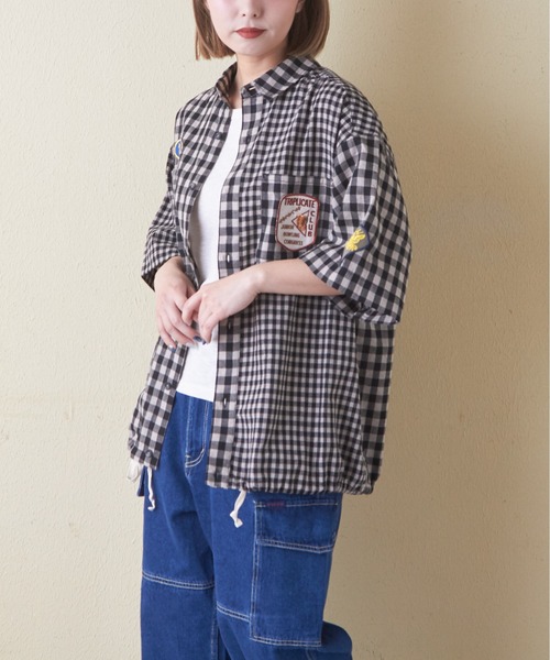 CUBE SUGAR（キューブシュガー）の「ギンガムチェック組合せ裾ドロストシャツ（シャツ/ブラウス・レディース・カーキ/ブラック/ブルー・M）」の10枚目の写真