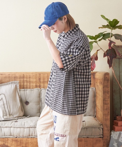 CUBE SUGAR（キューブシュガー）の「ギンガムチェック組合せ裾ドロストシャツ（シャツ/ブラウス・レディース・カーキ/ブラック/ブルー・M）」の7枚目の写真