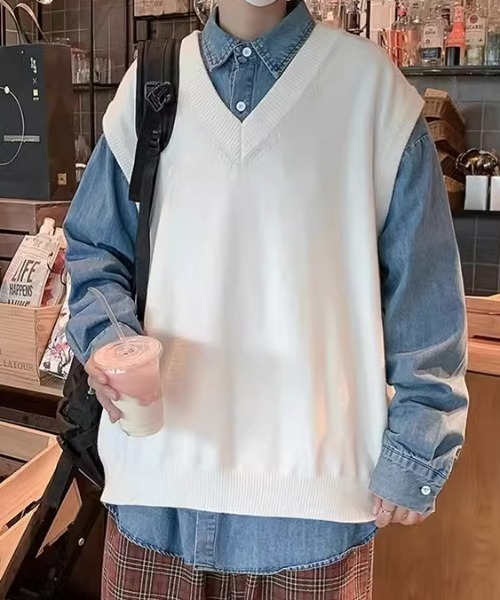 Pois ポワ ツイード Vネック ベスト　ポアvest ブルーblue AZUL BY MOUSSY | フェザーVネックベスト (タンクトップ ) |SHEL