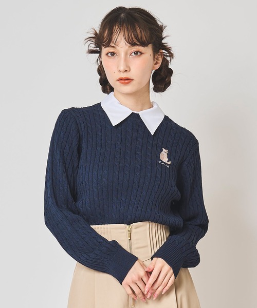31 Sons de mode(トランテアン ソン ドゥ モード)の「ネコ刺繍襟付きケーブルニット(ニット/セーター・レディース・オフホワイト/イエロー/ネイビー/レッド・フリー)」の3枚目の写真