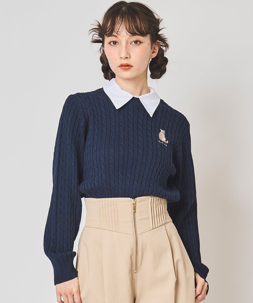 31 Sons de mode(トランテアン ソン ドゥ モード)の「ネコ刺繍襟付きケーブルニット(ニット/セーター・レディース・オフホワイト/イエロー/ネイビー/レッド・フリー)」の9枚目の写真