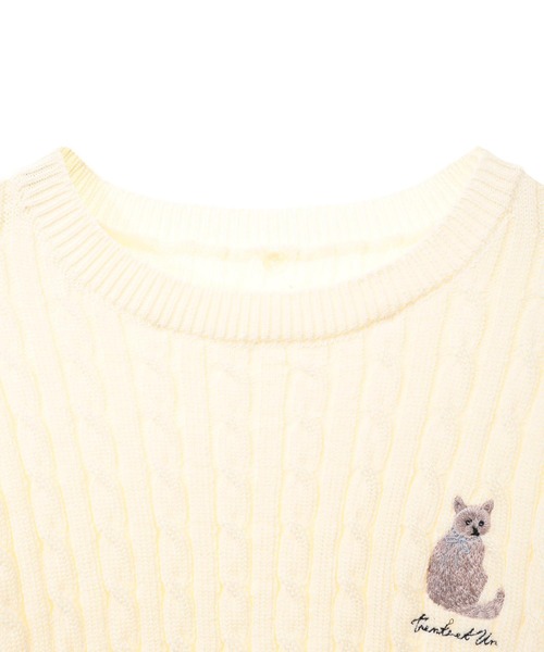 ニット セーター ネコ刺繍襟付きケーブルニット レディース 31 Sons de mode ニット セーター ネコ刺繍襟付きケーブルニット