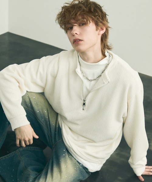 セール】Oversized half-zip collarless knit sweater