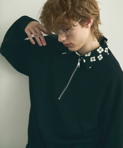 セール】Oversized half-zip collarless knit sweater