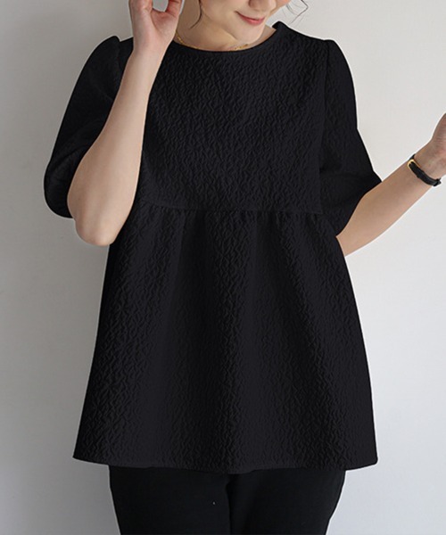 SallyLunn(サリーラン)の「【上品に決まる】半袖ジャガードブラウス(シャツ/ブラウス・レディース・ブラック/ホワイト/ブラウン・FREE)」の5枚目の写真