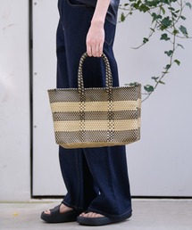 かごバッグ ブラウンと黒 ストライプ付き スクエアレザーかごバッグS こげ茶ミックス×黒革 リカちゃん