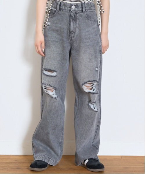 セール】【LTXC】ダメージデニムワイドパンツ（デニムパンツ