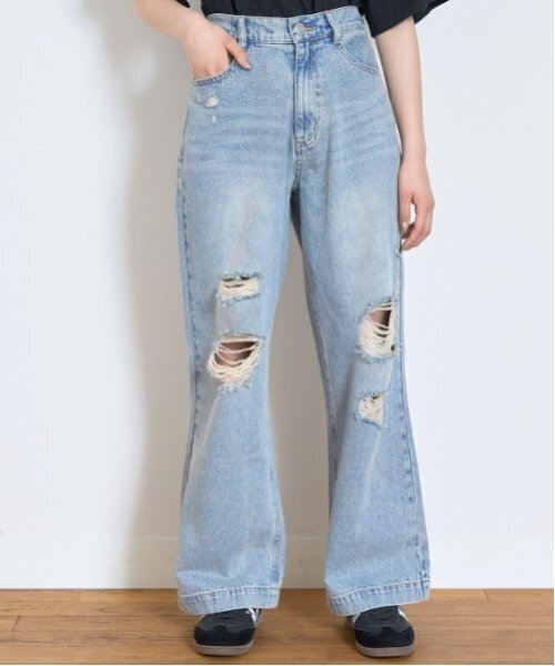 セール】【LTXC】ダメージデニムワイドパンツ（デニムパンツ