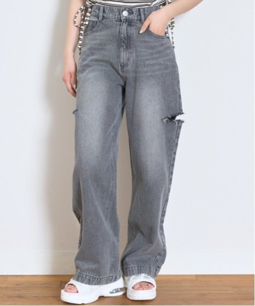 セール】【LTXC】ダメージデニムワイドパンツ（デニムパンツ