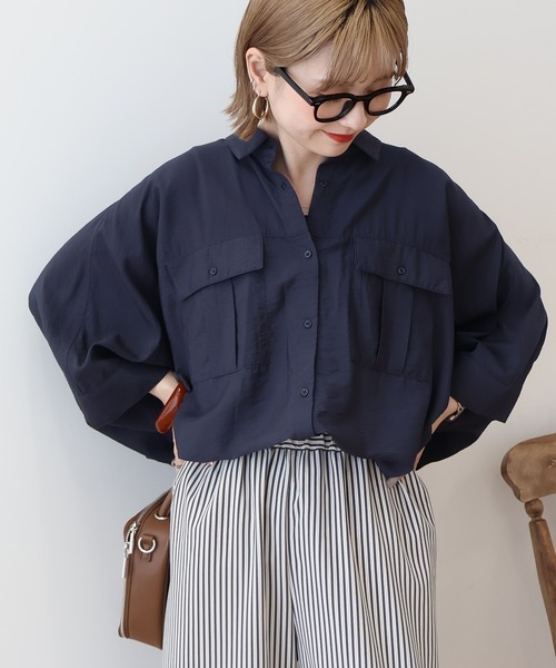 美品♡45R 現行　チュニック　シャツ　藍染め　栗サテン　ポケット　ネイビー 新入荷(並び順：新着順)