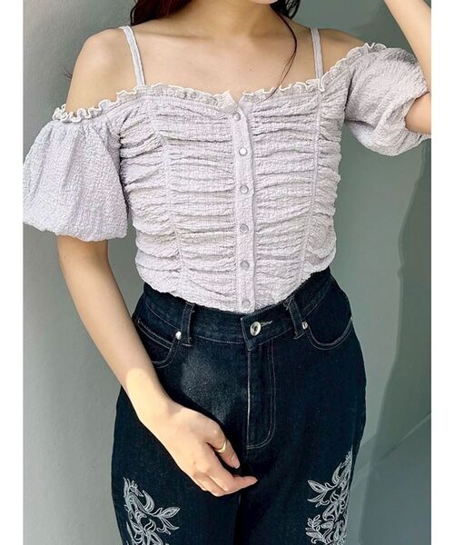 MERCURYDUO(マーキュリーデュオ)の「ドロストギャザーコンパクトカットソー(Tシャツ/カットソー・レディース・ラベンダー/ブラック/オフホワイト・FREE)」の4枚目の写真