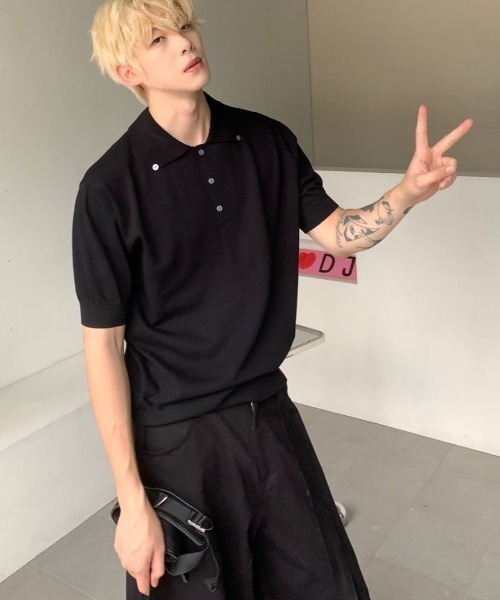 FreeZone(フリーゾーン)の「ニットポロシャツ(Tシャツ/カットソー・メンズ・グレー/ブラック/ホワイト・F)」の13枚目の写真