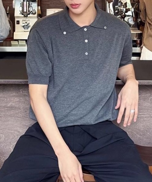FreeZone(フリーゾーン)の「ニットポロシャツ(Tシャツ/カットソー・メンズ・グレー/ブラック/ホワイト・F)」の10枚目の写真