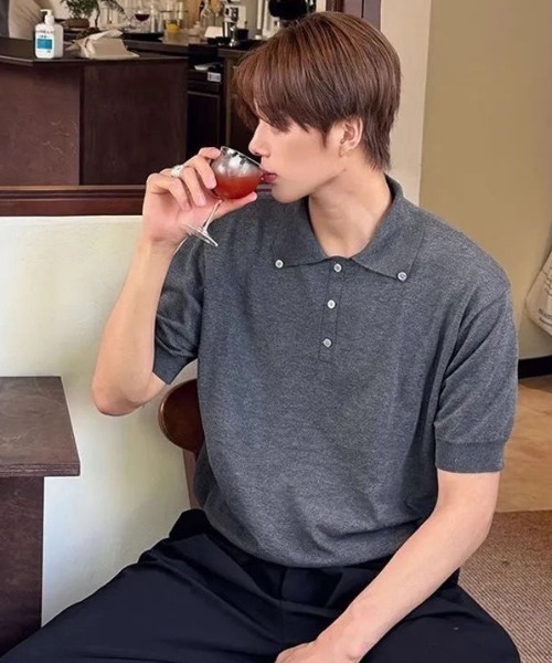FreeZone(フリーゾーン)の「ニットポロシャツ(Tシャツ/カットソー・メンズ・グレー/ブラック/ホワイト・F)」の15枚目の写真