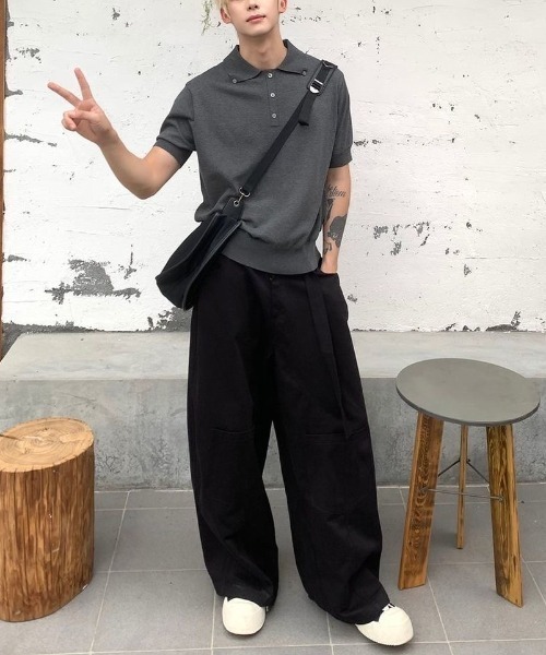 FreeZone(フリーゾーン)の「ニットポロシャツ(Tシャツ/カットソー・メンズ・グレー/ブラック/ホワイト・F)」の4枚目の写真