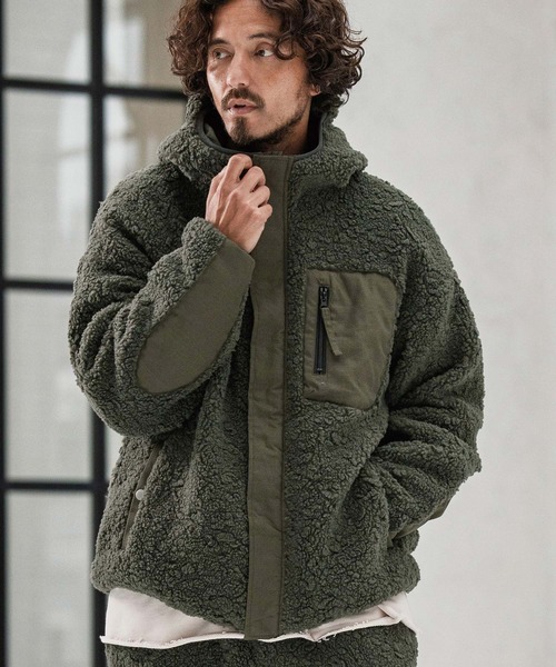 mj10876-Poodle Like Boa High Neck Hooded Blouson ボアブルゾン