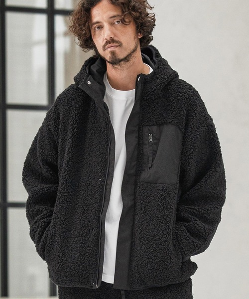 mj10876-Poodle Like Boa High Neck Hooded Blouson ボア