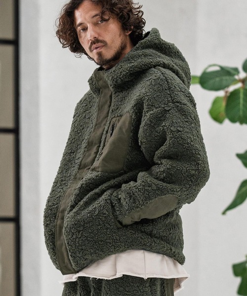 mj10876-Poodle Like Boa High Neck Hooded Blouson ボア