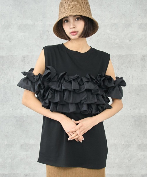 Settimissimo(セッティミッシモ)の「ナイロン ドッキング ビスチェ風 プルオーバー(Tシャツ/カットソー・レディース・ブラック/オフホワイト・FREE)」の2枚目の写真