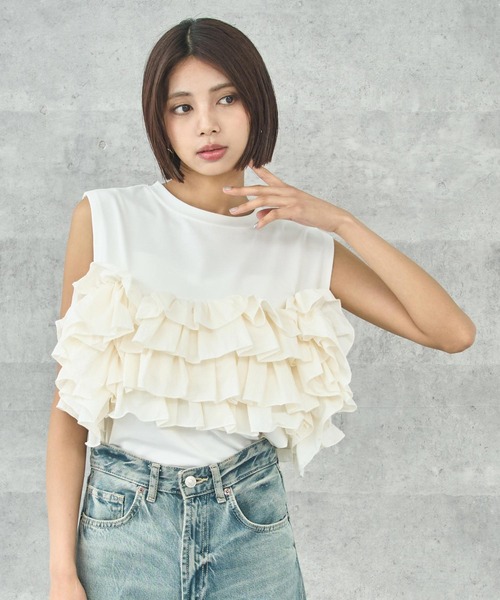 Settimissimo(セッティミッシモ)の「ナイロン ドッキング ビスチェ風 プルオーバー(Tシャツ/カットソー・レディース・ブラック/オフホワイト・FREE)」の3枚目の写真