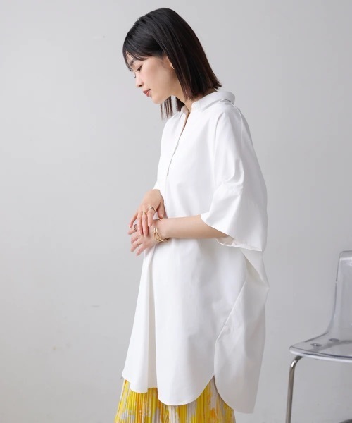 Bou Jeloud(ブージュルード)の「テックコットンオーバーサイズチュニック(シャツ/ブラウス・レディース・ブルー/オフホワイト/キャメル・38)」の11枚目の写真