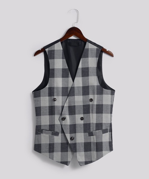 Cloudstyle（クラウドスタイル）の「【Cloudstyle】チェック柄 ダブルブレスト スーツベスト ジレ（スーツベスト・メンズ・ブラウン/ネイビー/ブラック・LARGE/X-LARGE/MEDIUM/SMALL）」の3枚目の写真