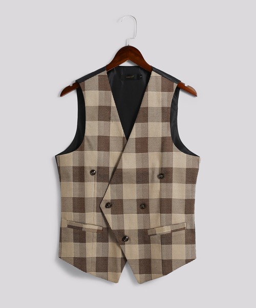 Cloudstyle（クラウドスタイル）の「【Cloudstyle】チェック柄 ダブルブレスト スーツベスト ジレ（スーツベスト・メンズ・ブラウン/ネイビー/ブラック・LARGE/X-LARGE/MEDIUM/SMALL）」の2枚目の写真