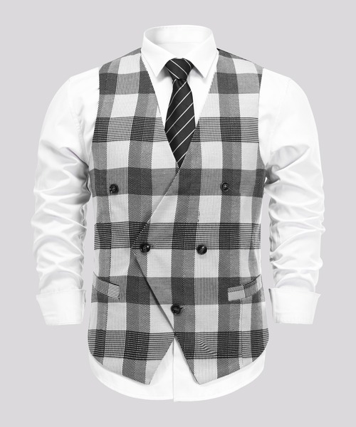 Cloudstyle（クラウドスタイル）の「【Cloudstyle】チェック柄 ダブルブレスト スーツベスト ジレ（スーツベスト・メンズ・ブラウン/ネイビー/ブラック・LARGE/X-LARGE/MEDIUM/SMALL）」の9枚目の写真