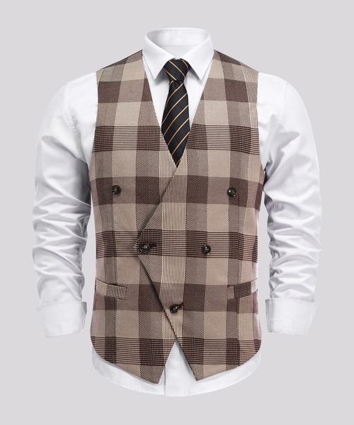 Cloudstyle（クラウドスタイル）の「【Cloudstyle】チェック柄 ダブルブレスト スーツベスト ジレ（スーツベスト・メンズ・ブラウン/ネイビー/ブラック・LARGE/X-LARGE/MEDIUM/SMALL）」の7枚目の写真