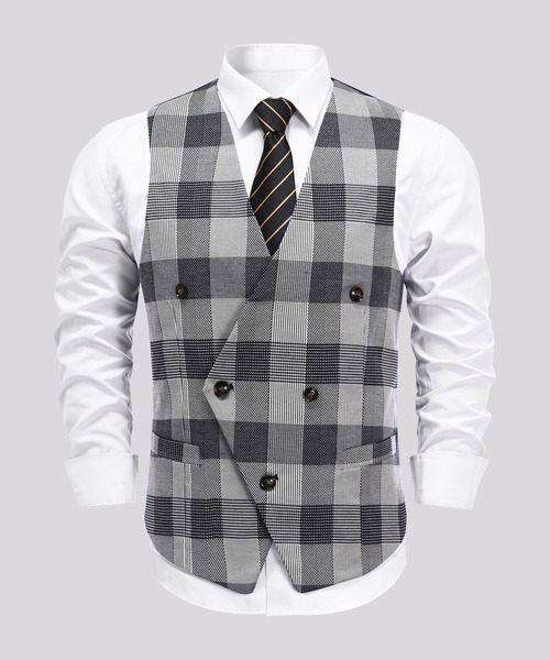 Cloudstyle（クラウドスタイル）の「【Cloudstyle】チェック柄 ダブルブレスト スーツベスト ジレ（スーツベスト・メンズ・ブラウン/ネイビー/ブラック・LARGE/X-LARGE/MEDIUM/SMALL）」の5枚目の写真