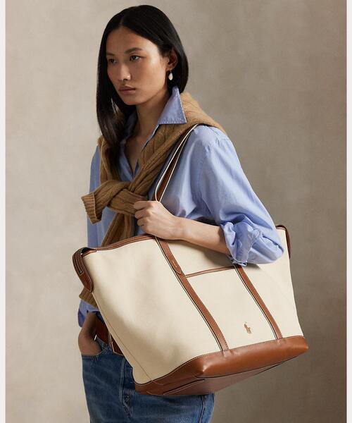 レザートリム キャンバス ラージ ショッパー トート（トートバッグ
