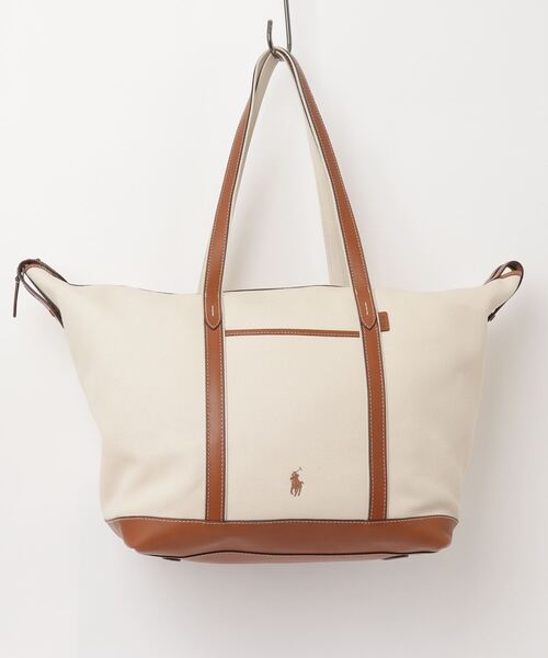 【良品】ラルフローレン 生成りコットン キャンパス×レザー トートバッグ A4◎ レザートリム キャンバス ラージ ショッパー トート（トートバッグ