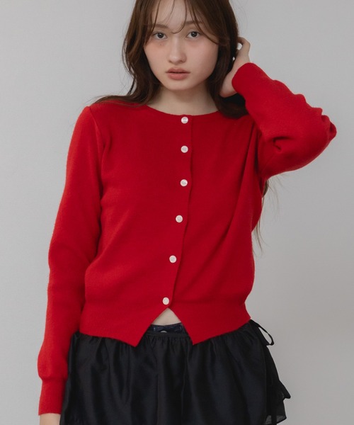 赤色 長袖カーディガン ベーシックカーディガントップス/コンパクト クルーネック 長袖 無地