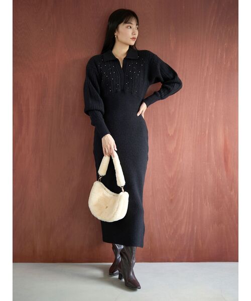 セール】【REVIVAL】ケーブルビジューIラインニットワンピース