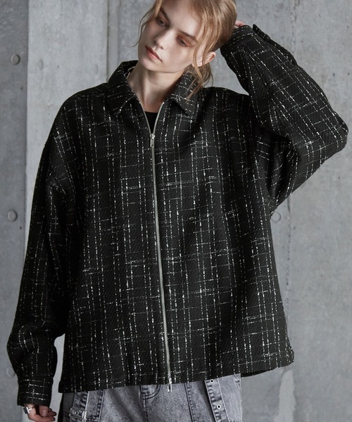 SERACE】Loose wide regular collar tweed zip shirt / ルーズワイド