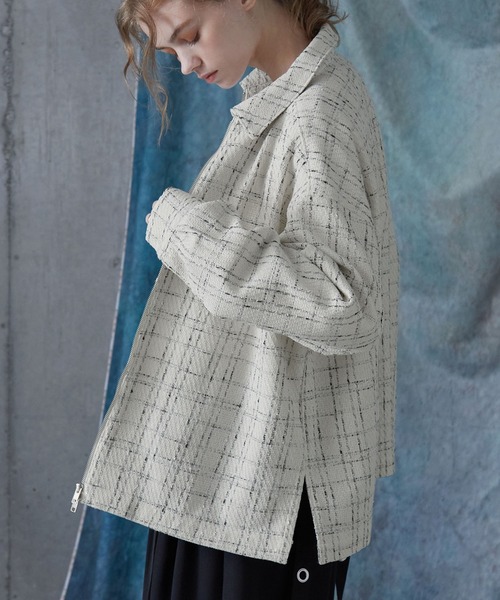 SERACE（セラス）の「【SERACE】Loose wide regular collar tweed zip shirt / ルーズワイドレギュラーカラーツイードジップシャツ（シャツ/ブラウス・メンズ・ホワイト/ブラック・L/M/S）」の9枚目の写真