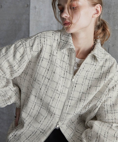 SERACE】Loose wide regular collar tweed zip shirt / ルーズワイド