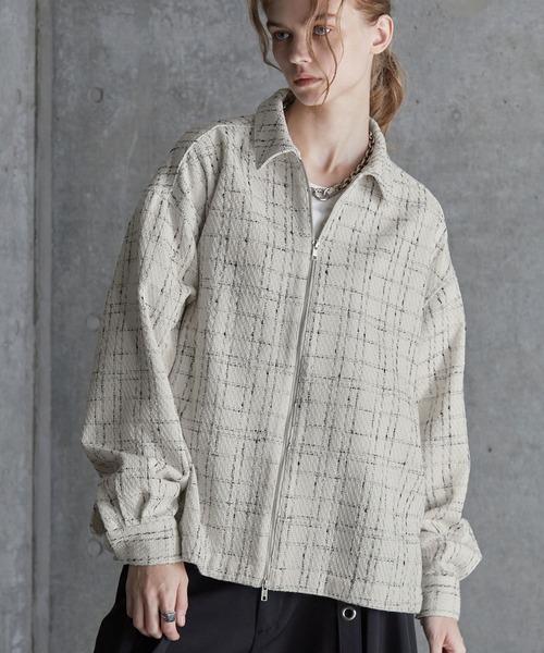 SERACE（セラス）の「【SERACE】Loose wide regular collar tweed zip shirt / ルーズワイドレギュラーカラーツイードジップシャツ（シャツ/ブラウス・メンズ・ホワイト/ブラック・L/M/S）」の5枚目の写真