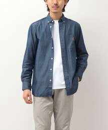 クマ刺繍ボタンダウンシャツ デニムライク/千鳥