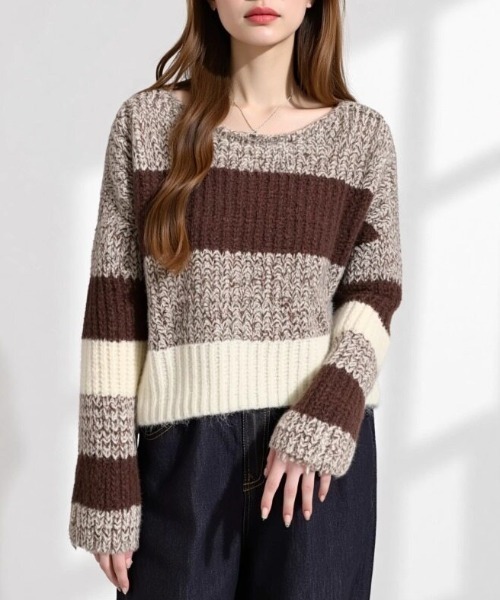 cammie（キャミー）の「配色ボーダートップス（ニット/セーター・レディース・グリーン/レッド/ブラウン・F）」の4枚目の写真