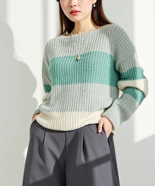 cammie（キャミー）の「配色ボーダートップス（ニット/セーター・レディース・グリーン/レッド/ブラウン・F）」の14枚目の写真