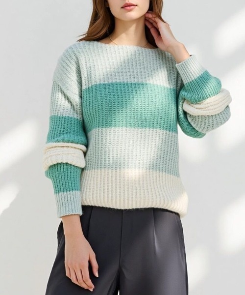 cammie（キャミー）の「配色ボーダートップス（ニット/セーター・レディース・グリーン/レッド/ブラウン・F）」の18枚目の写真