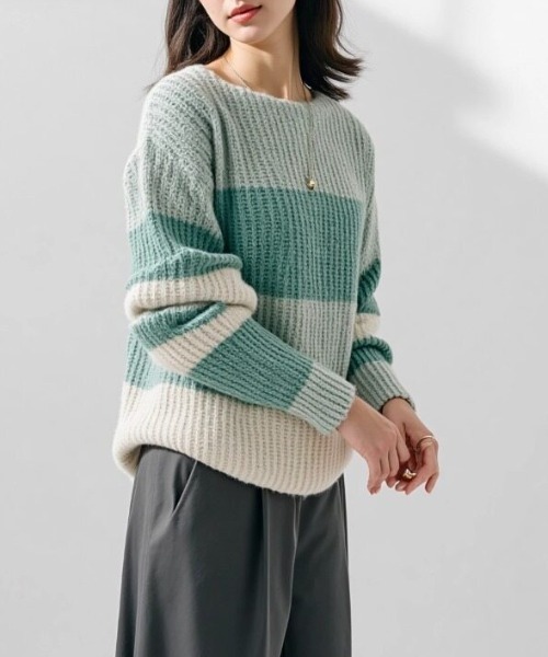 cammie（キャミー）の「配色ボーダートップス（ニット/セーター・レディース・グリーン/レッド/ブラウン・F）」の15枚目の写真