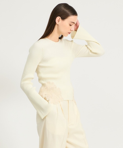 ESTNATION（エストネーション）の「ESTNATION / レースモチーフリブニット（ニット/セーター・レディース・オフホワイト/チャコールグレー・FREE）」の3枚目の写真