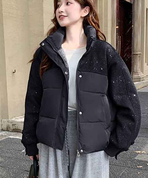 セール】スタンドカラー異素材切り替え中綿ジャケット（ダウン