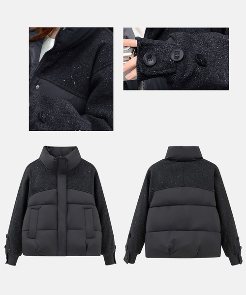 セール】スタンドカラー異素材切り替え中綿ジャケット（ダウン