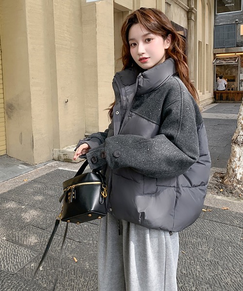 セール】スタンドカラー異素材切り替え中綿ジャケット（ダウン