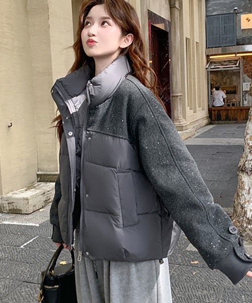 LAFFMO（ラフモ）の「スタンドカラー異素材切り替え中綿ジャケット（ダウンジャケット/コート・レディース・ブラック/グレー・M/L）」の13枚目の写真